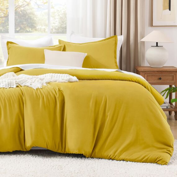 Litanika Senfgelbes Bettdecken-Set California King Size, 3-teilig, leicht, einfarbig, Ganzjahres-Bettwäsche-Set, flauschiges Bettwäscheset für alle Jahreszeiten (277 x 248 cm Bettdecke und 2