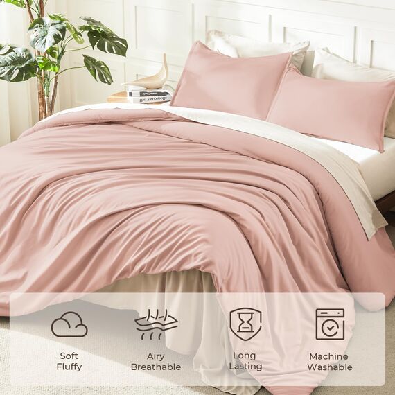 Litanika Bettwäsche-Set für Queen-Size-Betten, 3-teilig, einfarbig, einfarbig, für alle Jahreszeiten, 228 x 228 cm, 2 Kissenbezüge, Rosa