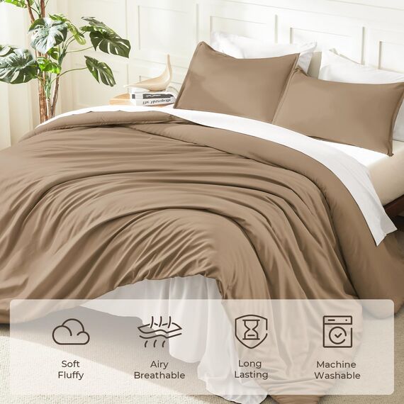 Litanika Bettwäsche-Set für Queen-Size-Betten, 3-teilig, einfarbig, flauschiges Bettwäsche-Set für alle Jahreszeiten, 228 x 228 cm, Taupe