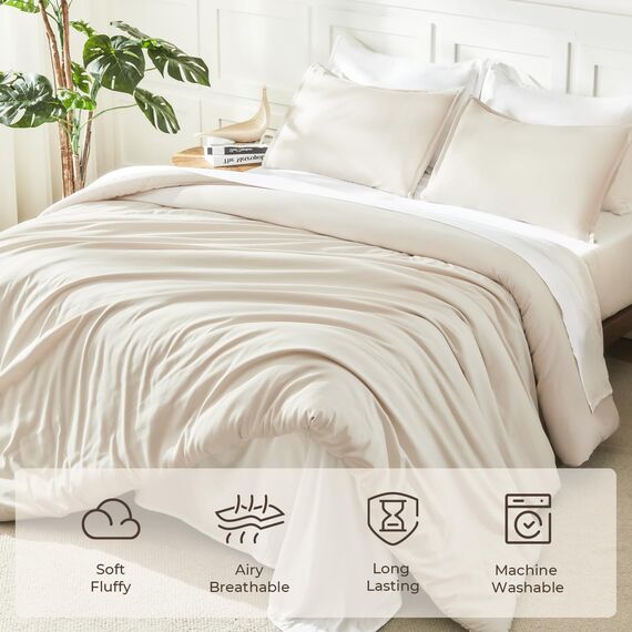 Litanika Queen-Bettwäsche-Set, beige, 3-teilig, leicht, flauschig, solide, Daunen-Alternative, Bettdecke, Ganzjahres-Bettwäsche-Set, Geschenkauswahl