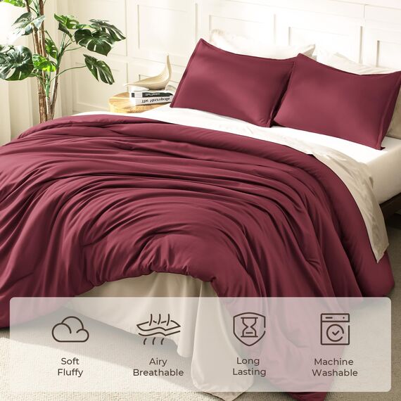 Litanika Bettwäsche-Set, Queen-Size-Größe, 3-teilig, leicht, einfarbig, für alle Jahreszeiten, flauschiges Bettwäsche-Set (228 x 228 cm Bettdecke und 2 Kissenbezüge) Burgunderrot