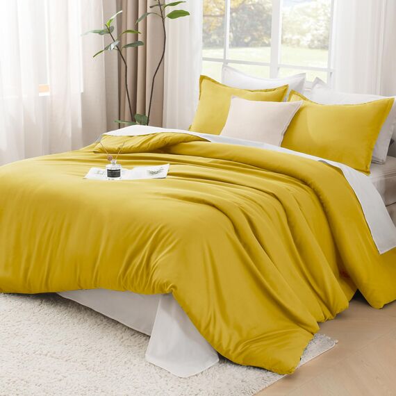 Litanika Senfgelbes Bettdecken-Set California King Size, 3-teilig, leicht, einfarbig, Ganzjahres-Bettwäsche-Set, flauschiges Bettwäscheset für alle Jahreszeiten (277 x 248 cm Bettdecke und 2