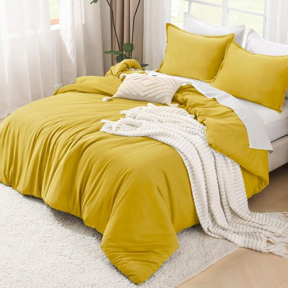 Litanika Senfgelbes Bettdecken-Set California King Size, 3-teilig, leicht, einfarbig, Ganzjahres-Bettwäsche-Set, flauschiges Bettwäscheset für alle Jahreszeiten (277 x 248 cm Bettdecke und 2