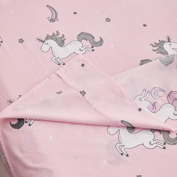 Uozzi Bedding Bed in a Bag 7-teiliges Queen-Size-Bettwäsche-Set mit Einhorn-Motiv, rosa mit Regenbogen-Stern – weiche Mikrofaser, Wendebettwäsche-Set (1 Steppdecke, 1 Spannbetttuch, 2 Kissenbezüge)