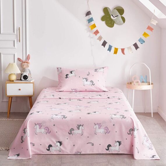 UOZZI BEDDING Bed in a Bag 6-teiliges Einhorn in Doppelgröße mit Regenbogenstern – weiche Mikrofaser, wendbares Bettdecken-Set (1 Bettdecke, 2 Kissenbezüge, 1 Spannbetttuch, 1 Kissenbezüge)