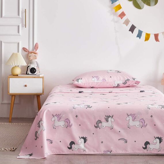 UOZZI BEDDING Bed in a Bag 6-teiliges Einhorn in Doppelgröße mit Regenbogenstern – weiche Mikrofaser, wendbares Bettdecken-Set (1 Bettdecke, 2 Kissenbezüge, 1 Spannbetttuch, 1 Kissenbezüge)