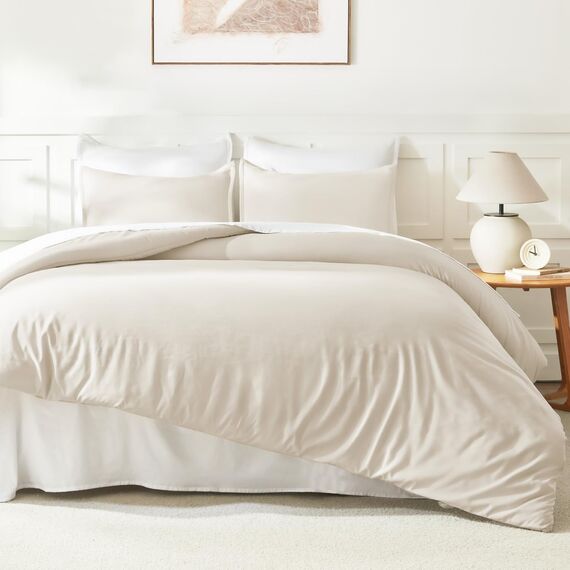 Litanika Übergroße King-Size-Bettdecke, 128 x 120 cm, Beige, 3-teilig, leicht, einfarbig, für alle Jahreszeiten, flauschiges Bettwäsche-Set (1 Bettdecke und 2 Kissenbezüge)