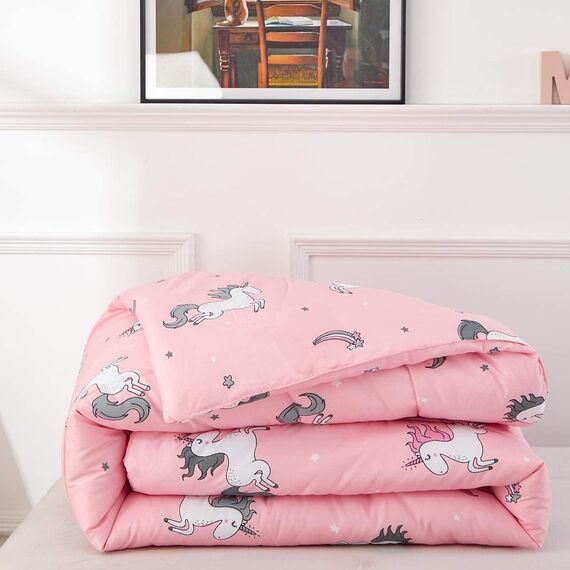 Uozzi Bedding Bed in a Bag 7-teiliges Queen-Size-Bettwäsche-Set mit Einhorn-Motiv, rosa mit Regenbogen-Stern – weiche Mikrofaser, Wendebettwäsche-Set (1 Steppdecke, 1 Spannbetttuch, 2 Kissenbezüge)