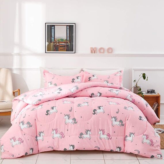 Uozzi Bedding Bed in a Bag 7-teiliges Queen-Size-Bettwäsche-Set mit Einhorn-Motiv, rosa mit Regenbogen-Stern – weiche Mikrofaser, Wendebettwäsche-Set (1 Steppdecke, 1 Spannbetttuch, 2 Kissenbezüge)