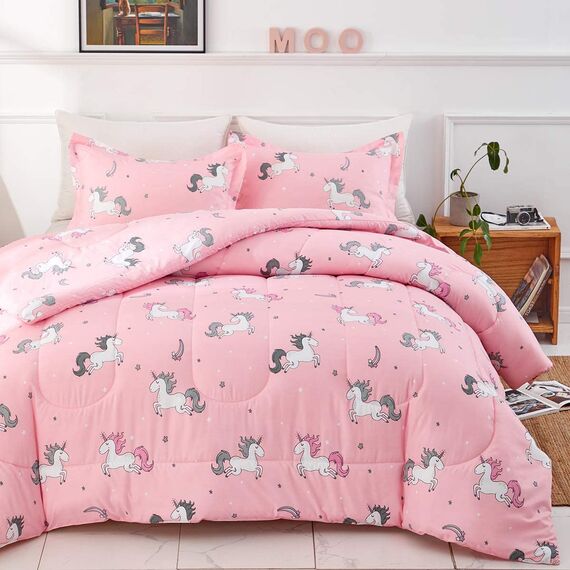 UOZZI BEDDING Bed in a Bag 6-teiliges Einhorn in Doppelgröße mit Regenbogenstern – weiche Mikrofaser, wendbares Bettdecken-Set (1 Bettdecke, 2 Kissenbezüge, 1 Spannbetttuch, 1 Kissenbezüge)