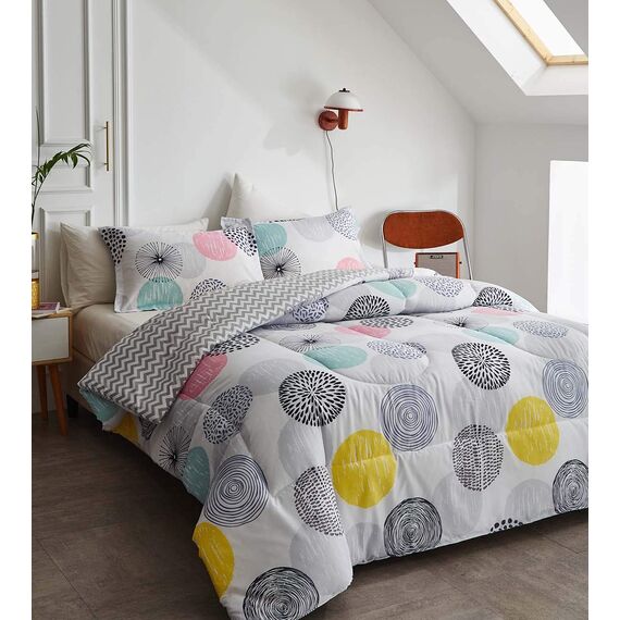Uozzi Bedding Bunte Punkte, Bettbezug-Set, Doppelbett, rosa, gelb, grau, blau, Kreise, wendbar, Alternative 800 TC Kinder-Bettwäsche-Set, 1 Mikrofaser-Steppdecke mit 2 Kissenbezügen