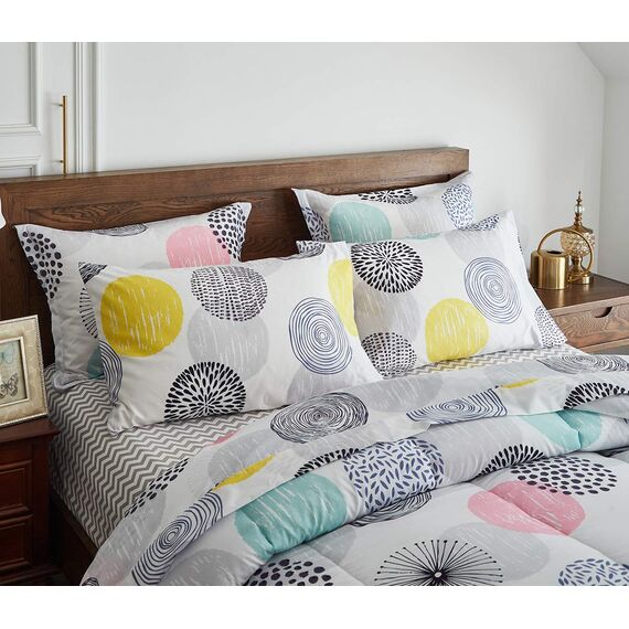 Uozzi Bedding Bett in einer Tasche, 7-teilig, King-Size-Größe, bunte Punkte, weiche Mikrofaser, wendbares Bettdecken-Set (1 x Bettdecke, 2 x Kissenbezüge, 1 x Spannbetttuch, 2 x Kissenbezüge)