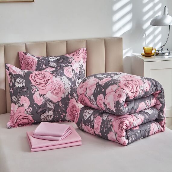 Bettwäsche-Set mit Blumenmuster, graues Bett in einer Tasche, 6-teilig, Doppelbettgröße, rosa, weiß, florales Mikrofaser, wendbar, Bettwäsche-Set (1 Bettdecke, 1 Spannbetttuch, 1 Kissenbezug)