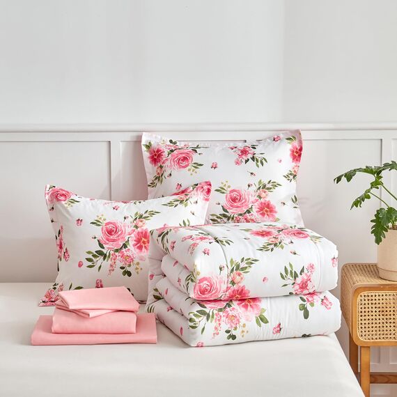 Bettwäsche-Set mit Blumenmuster, Weiß, Bett in einer Tasche, 7-teilig, King-Size-Größe, dunkelrosa, florales Mikrofaser-Bettwäsche-Set (1 Steppdecke, 2 Kissenbezüge, 1 rosa Bettlaken, 1 Spannbetttuch,