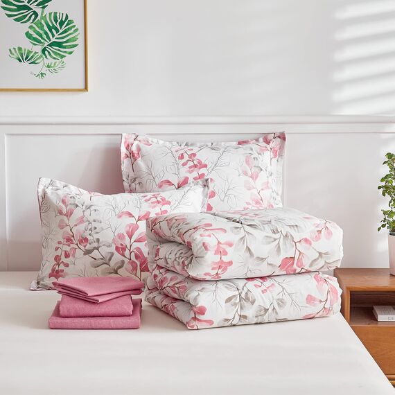 Uozzi Bedding Bed in a Bag 7-teiliges Queen-Size-Bettwäsche-Set mit rosa grünen Blättern und Blumendruck, weiche Mikrofaser, wendbar (1 Decke, 2 Kissenbezüge, 1 Bettlaken, Spannbetttuch, Kissenbezüge)