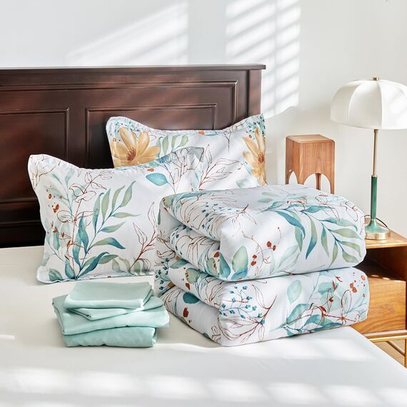 Leaves Comforter Sheet Set White Bed in a Bag 7 Pieces King Size Green Floral Microfiber Reversible Bedding Set (1 Comforter 2 Pillow Shams 1 Flat Sheet 1 Fitted Sheet 2 Pillowcases)