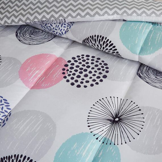 Uozzi Bedding Bunte Punkte, Bettbezug-Set, Doppelbett, rosa, gelb, grau, blau, Kreise, wendbar, Alternative 800 TC Kinder-Bettwäsche-Set, 1 Mikrofaser-Steppdecke mit 2 Kissenbezügen