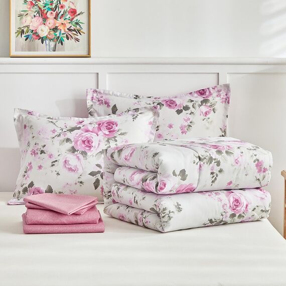 Bettwäsche-Set mit weißen Farbverlauf, rosa Blumen, 7-teiliges Bettwäsche-Set für Queen-Size-Betten (1 Steppdecke, 2 Kissenbezüge, 1 Bettlaken, 1 Spannbetttuch, 2 Kissenbezüge)
