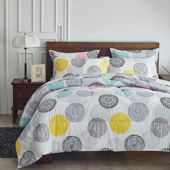 Uozzi Bedding Bett in einer Tasche, 7-teilig, King-Size-Größe, bunte Punkte, weiche Mikrofaser, wendbares Bettdecken-Set (1 x Bettdecke, 2 x Kissenbezüge, 1 x Spannbetttuch, 2 x Kissenbezüge)