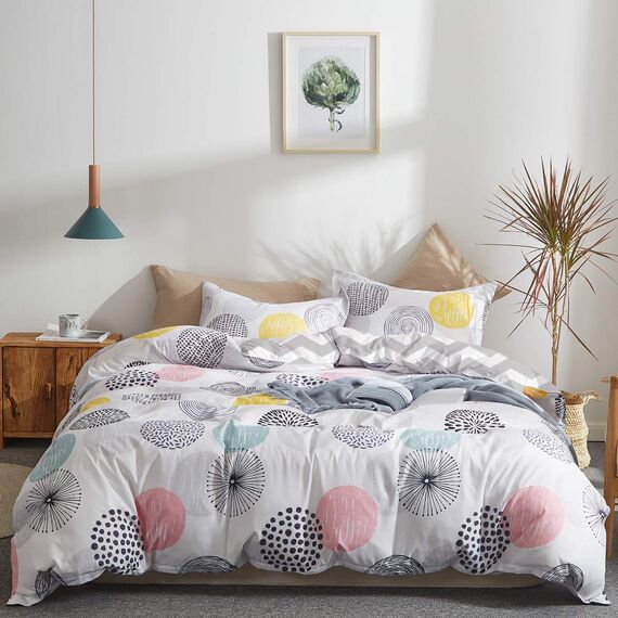 Uozzi Bedding Bunte Punkte, Bettbezug-Set, Doppelbett, rosa, gelb, grau, blau, Kreise, wendbar, Alternative 800 TC Kinder-Bettwäsche-Set, 1 Mikrofaser-Steppdecke mit 2 Kissenbezügen
