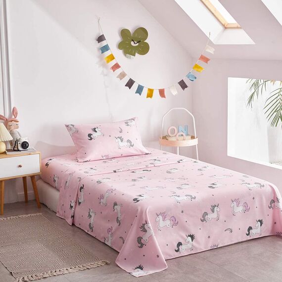Uozzi Bedding Bed in a Bag 7-teiliges Queen-Size-Bettwäsche-Set mit Einhorn-Motiv, rosa mit Regenbogen-Stern – weiche Mikrofaser, Wendebettwäsche-Set (1 Steppdecke, 1 Spannbetttuch, 2 Kissenbezüge)