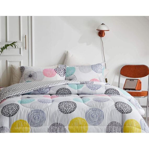 Uozzi Bedding Bunte Punkte, Bettbezug-Set, Doppelbett, rosa, gelb, grau, blau, Kreise, wendbar, Alternative 800 TC Kinder-Bettwäsche-Set, 1 Mikrofaser-Steppdecke mit 2 Kissenbezügen