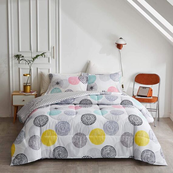 Uozzi Bedding Bunte Punkte, Bettbezug-Set, Doppelbett, rosa, gelb, grau, blau, Kreise, wendbar, Alternative 800 TC Kinder-Bettwäsche-Set, 1 Mikrofaser-Steppdecke mit 2 Kissenbezügen