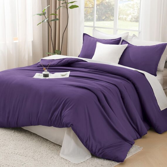 Litanika Bettwäsche-Set für Queen-Size-Betten, leicht, einfarbig, für alle Jahreszeiten, flauschiges Bettwäsche-Set (228 x 228 cm Bettdecke und 2 Kissenbezüge) Dunkelviolett