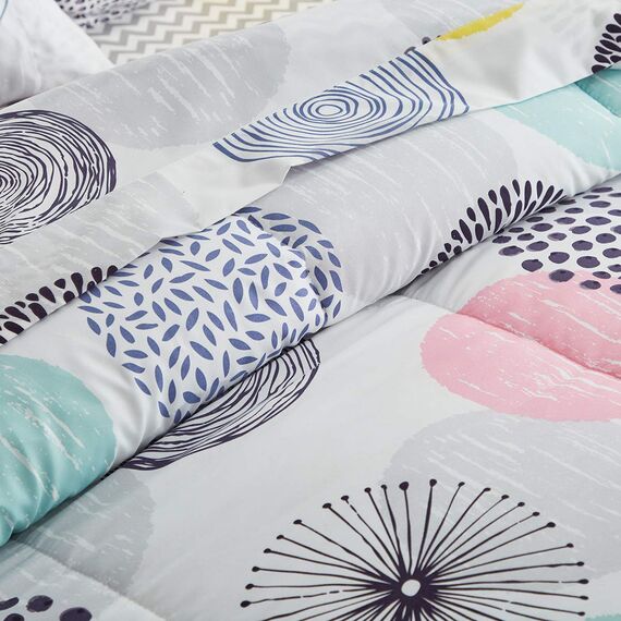 7-teiliges Bettwäsche-Set für Queen-Size-Bett in einer Tasche, bunte Punkte, weiche Mikrofaser, wendbares Bettwäsche-Set (1 Steppdecke, 2 Kissenbezüge, 1 Bettlaken, 1 Spannbetttuch, 2 Kissenbezüge)