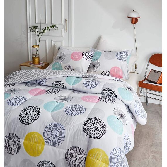Uozzi Bedding Bunte Punkte, Bettbezug-Set, Doppelbett, rosa, gelb, grau, blau, Kreise, wendbar, Alternative 800 TC Kinder-Bettwäsche-Set, 1 Mikrofaser-Steppdecke mit 2 Kissenbezügen
