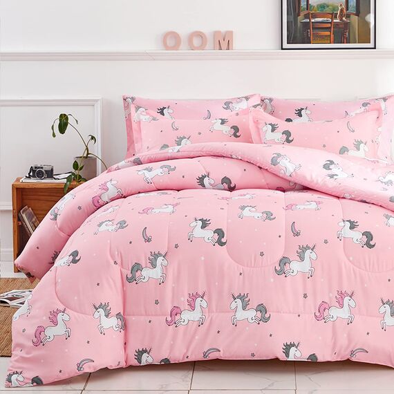 UOZZI BEDDING Bed in a Bag 6-teiliges Einhorn in Doppelgröße mit Regenbogenstern – weiche Mikrofaser, wendbares Bettdecken-Set (1 Bettdecke, 2 Kissenbezüge, 1 Spannbetttuch, 1 Kissenbezüge)