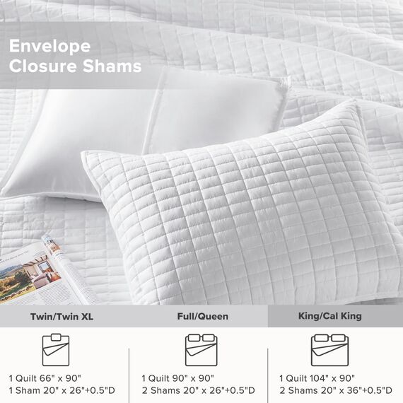 Comfort Spaces Kienna Steppdecken-Set, doppelseitige Nähte, Sommerdecke, leicht, weich, für alle Jahreszeiten, passender Kissenbezug, weiß, King-Size-Bett (264,2 x 228,6 cm), 3-teilig