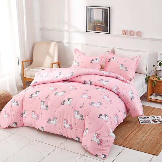 UOZZI BEDDING Bed in a Bag 6-teiliges Einhorn in Doppelgröße mit Regenbogenstern – weiche Mikrofaser, wendbares Bettdecken-Set (1 Bettdecke, 2 Kissenbezüge, 1 Spannbetttuch, 1 Kissenbezüge)