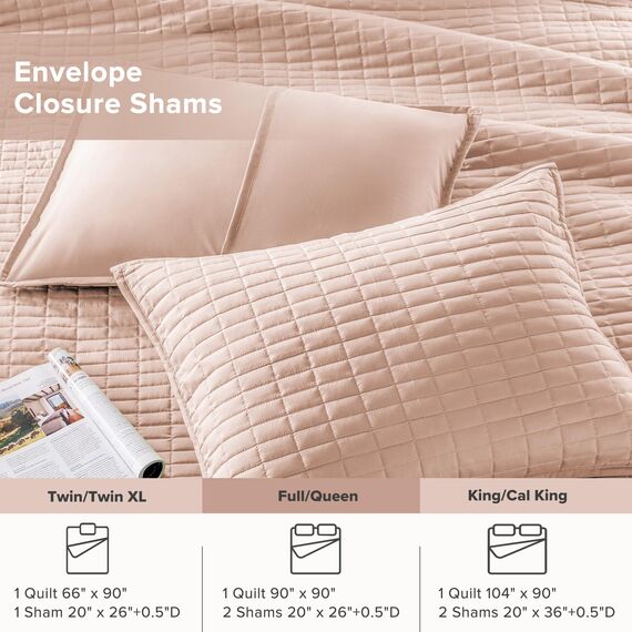 Comfort Spaces Kienna Steppdecken-Set, luxuriös, doppelseitige Nähte, für alle Jahreszeiten, leicht, Tagesdecke, Bettwäsche, passende Kissenbezüge, Full/Queensize-Bett (228,6 x 228,6 cm), Blush