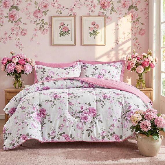 Bettwäsche-Set mit weißen Farbverlauf, rosa Blumen, 7-teiliges Bettwäsche-Set für Queen-Size-Betten (1 Steppdecke, 2 Kissenbezüge, 1 Bettlaken, 1 Spannbetttuch, 2 Kissenbezüge)