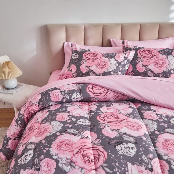 Bettwäsche-Set mit Blumenmuster, graues Bett in einer Tasche, 6-teilig, Doppelbettgröße, rosa, weiß, florales Mikrofaser, wendbar, Bettwäsche-Set (1 Bettdecke, 1 Spannbetttuch, 1 Kissenbezug)