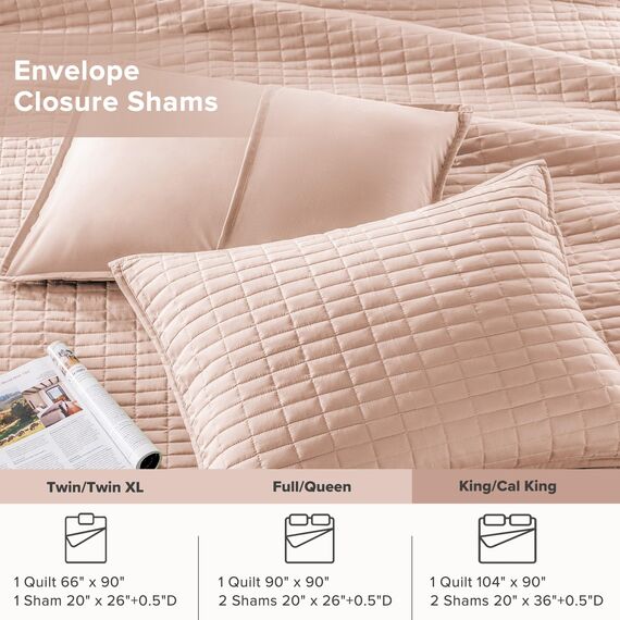 Comfort Spaces Kienna Steppdecken-Set, luxuriöse doppelseitige Nähte, Sommerdecke, leicht, weich, Ganzjahres-Bettwäsche, passender Kissenbezug, Rouge, Decke, Kingsize-Bett (264,2 x 228,6 cm), 3-teilig