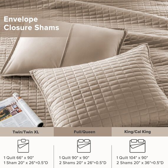 Comfort Spaces Kienna Steppdecken-Set, luxuriös, doppelseitige Nähte, für alle Jahreszeiten, leicht, Tagesdecke, Bettdecke, passende Kissenbezüge, Full/Queensize, 228,6 x 228,6 cm, Taupe