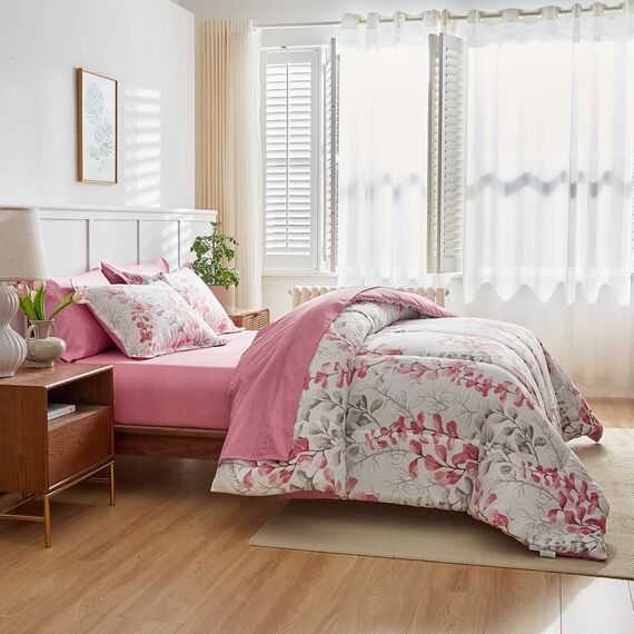 Uozzi Bedding Bed in a Bag 6-teiliges Bettwäsche-Set für Doppelbett, rosa und grüne Blätter, Blumendruck, weiche Mikrofaser, wendbar, 1 Bettlaken, Spannbetttuch, Kopfkissenbezug, Kopfkissenbezüge, Set