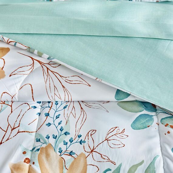 Leaves Comforter Sheet Set White Bed in a Bag 7 Pieces King Size Green Floral Microfiber Reversible Bedding Set (1 Comforter 2 Pillow Shams 1 Flat Sheet 1 Fitted Sheet 2 Pillowcases)