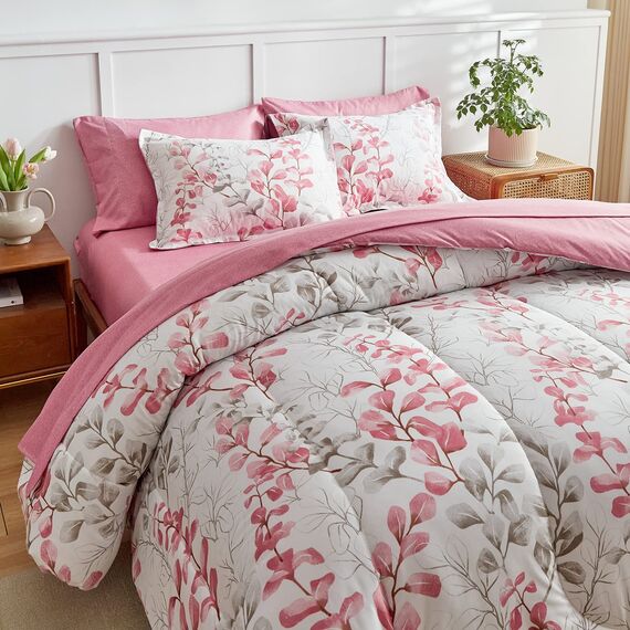 Bettwäsche-Set mit rosa Blumenmuster, 7-teilig, King-Size-Bett, Rosa, Grau, Blumenblätter, Bettwäsche-Set (1 Bettdecke, 2 Kissenbezüge, 1 Bettlaken, 1 Spannbettlaken, 2 Kissenbezüge)