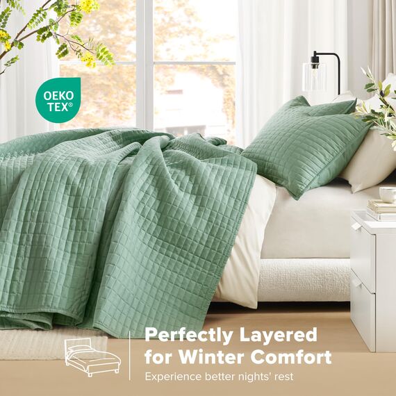 Comfort Spaces Kienna Steppdecken-Set, luxuriös, doppelseitig, genäht, für alle Jahreszeiten, leicht, Tagesdecke, Bettwäsche, passende Kissenbezüge, Seafoam, 3-teilig