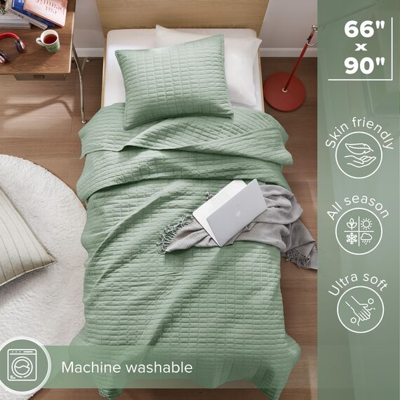 Comfort Spaces Kienna Steppdecken-Set, luxuriös, doppelseitig genähtes Design, für alle Jahreszeiten, leicht, Tagesdecke, Bettwäsche, passende Kissenbezüge, Twin/Twin XL (167,6 x 228,6 cm), Seafoam