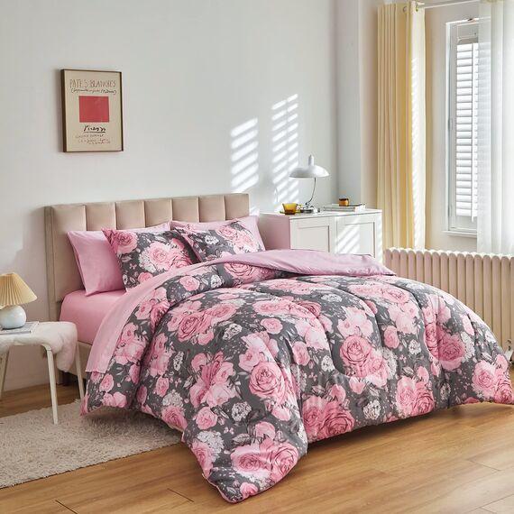 Bettwäsche-Set mit Blumenmuster, graues Bett in einer Tasche, 7-teiliges King-Size-Bettwäsche-Set (1 Bettdecke, 2 Kissenbezüge, 1 rosa Bettlaken, 1 Spannbetttuch, 2 Kissenbezüge)