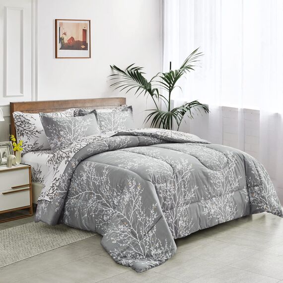 UOZZI BEDDING Bett in a Bag 7-teiliges King-Size-Bettwäsche-Set mit grauen Ästen mit gelben Punkten – weiche Mikrofaser, wendbares Bettdecken-Set (1 Bettdeckenbezug, 1 Spannbettlaken, 2 Kissenbezüge)