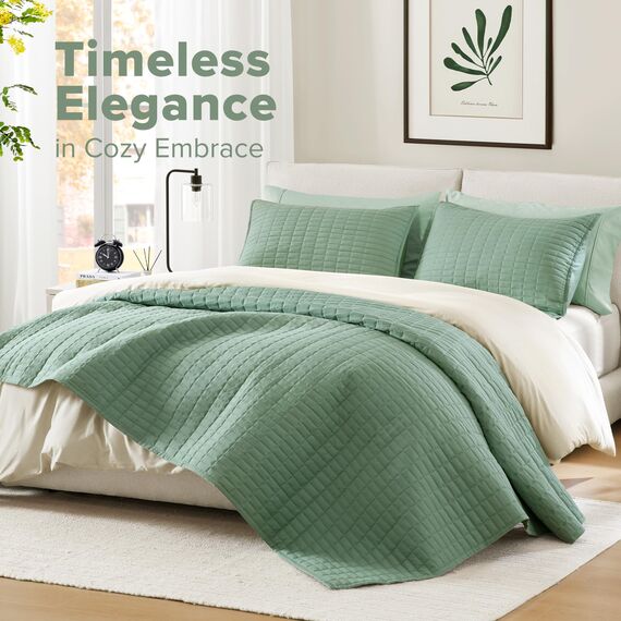 Comfort Spaces Kienna Steppdecken-Set, luxuriös, doppelseitig, genäht, für alle Jahreszeiten, leicht, Tagesdecke, Bettwäsche, passende Kissenbezüge, Seafoam, 3-teilig