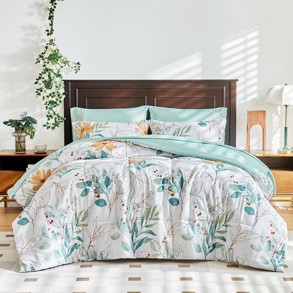 Leaves Comforter Sheet Set White Bed in a Bag 7 Pieces King Size Green Floral Microfiber Reversible Bedding Set (1 Comforter 2 Pillow Shams 1 Flat Sheet 1 Fitted Sheet 2 Pillowcases)