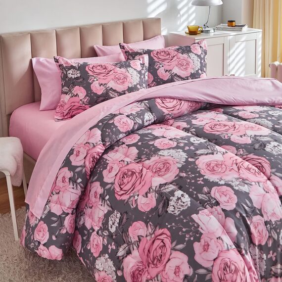 Bettwäsche-Set mit Blumenmuster, graues Bett in einer Tasche, 7-teiliges King-Size-Bettwäsche-Set (1 Bettdecke, 2 Kissenbezüge, 1 rosa Bettlaken, 1 Spannbetttuch, 2 Kissenbezüge)