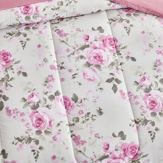 Bettwäsche-Set mit weißen Farbverlauf, rosa Blumen, 7-teiliges Bettwäsche-Set für Queen-Size-Betten (1 Steppdecke, 2 Kissenbezüge, 1 Bettlaken, 1 Spannbetttuch, 2 Kissenbezüge)
