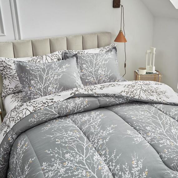 UOZZI BEDDING Bett in a Bag 7-teiliges King-Size-Bettwäsche-Set mit grauen Ästen mit gelben Punkten – weiche Mikrofaser, wendbares Bettdecken-Set (1 Bettdeckenbezug, 1 Spannbettlaken, 2 Kissenbezüge)